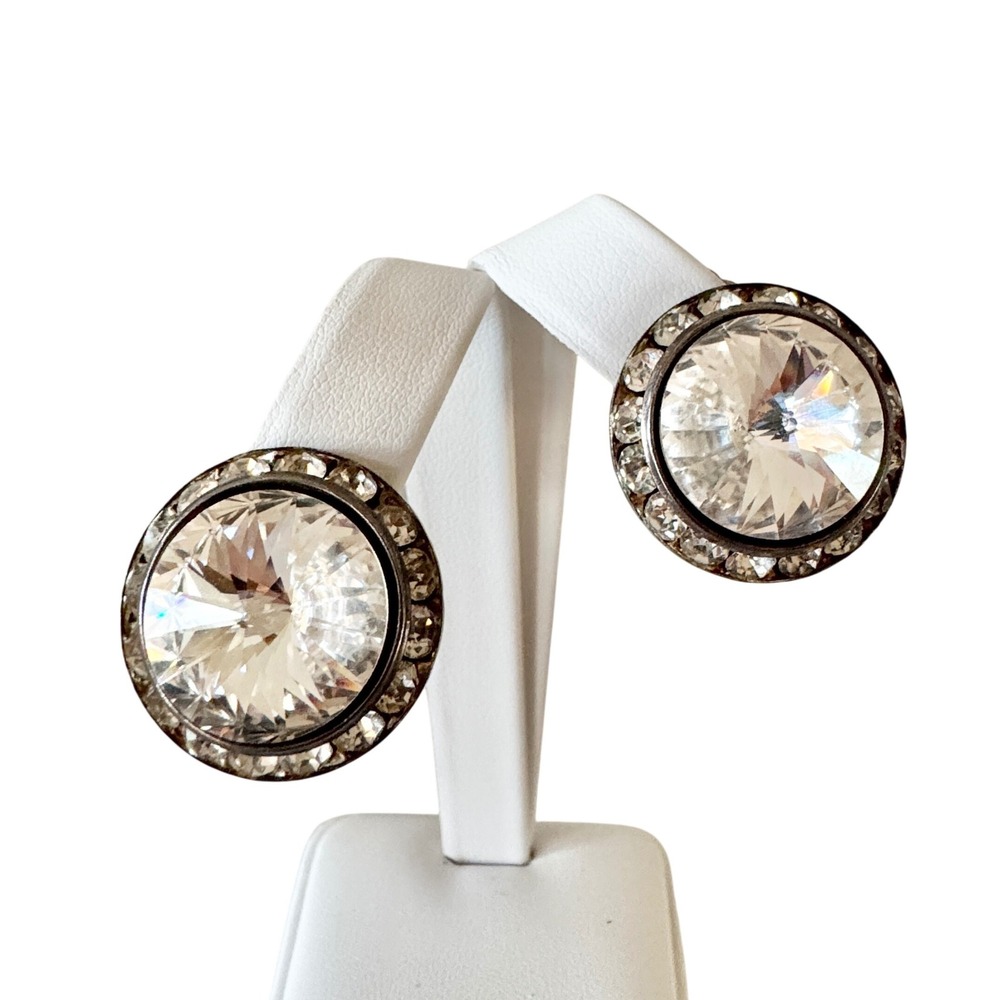 Vintage Rivoli Rhinestone Statement Earrings 1980s Clip‎ On Old Hollywood Glam